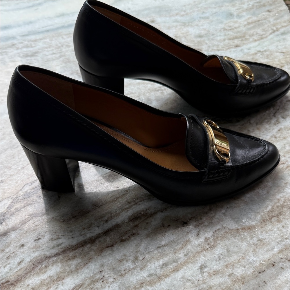 Ralph Lauren Purple Label Black Leather Heels with Brass Gold Accent 37 1/2